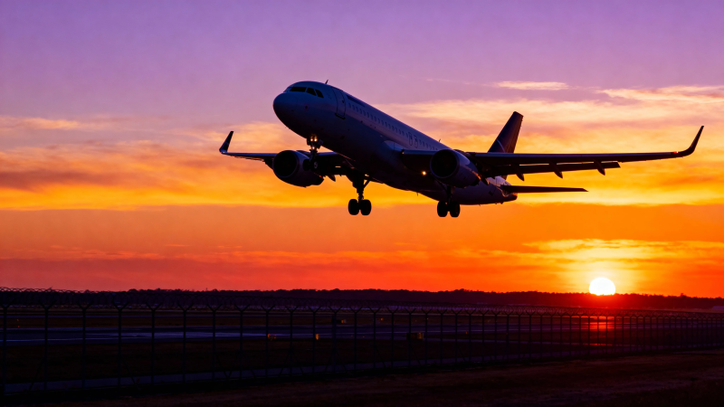 夕阳下飞机起飞剪影图片