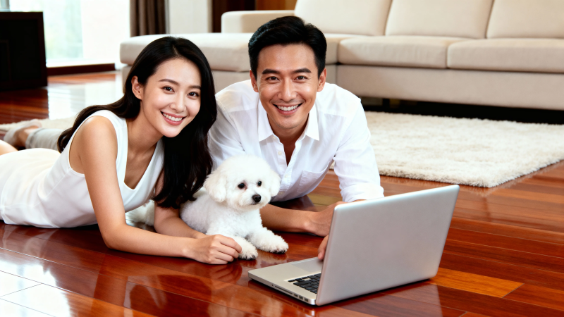 居家温馨 情侣与爱犬共赏笔记本图片