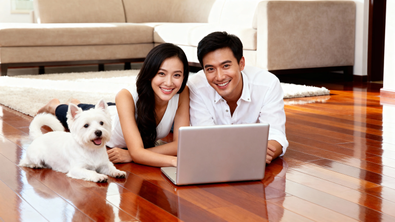 情侣与爱犬居家享科技时光图片