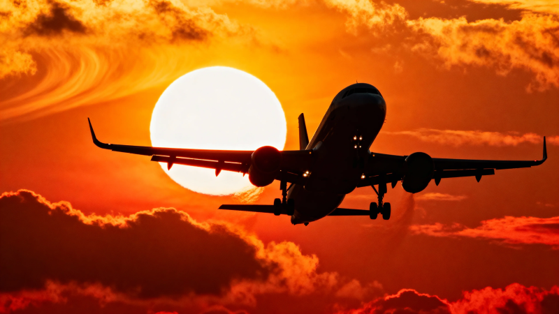 夕阳下的飞机剪影图片