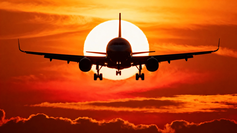 夕阳下的飞机剪影图片