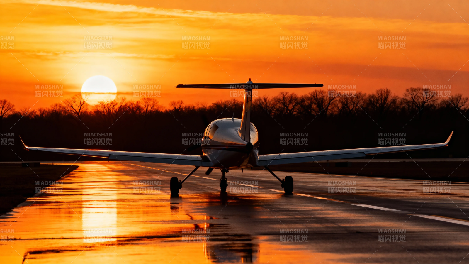 夕阳下的私人飞机剪影图片