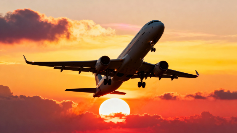 夕阳下飞机起飞剪影图片