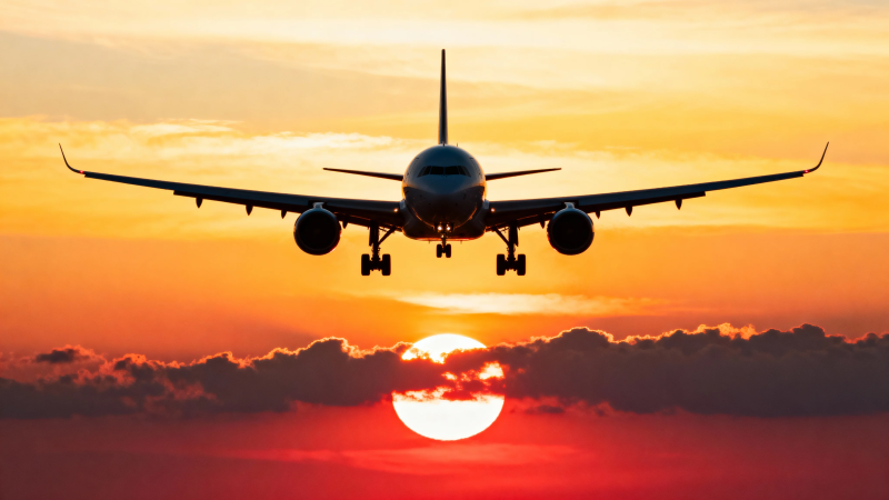 夕阳下的飞机剪影图片