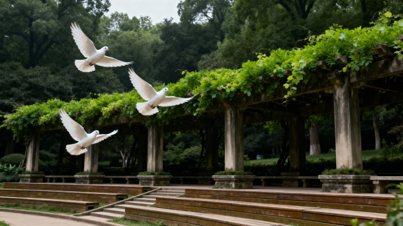 白鸽飞过绿藤长廊图片
