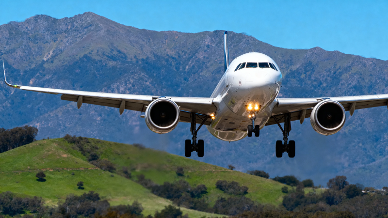 飞机降落山景前图片