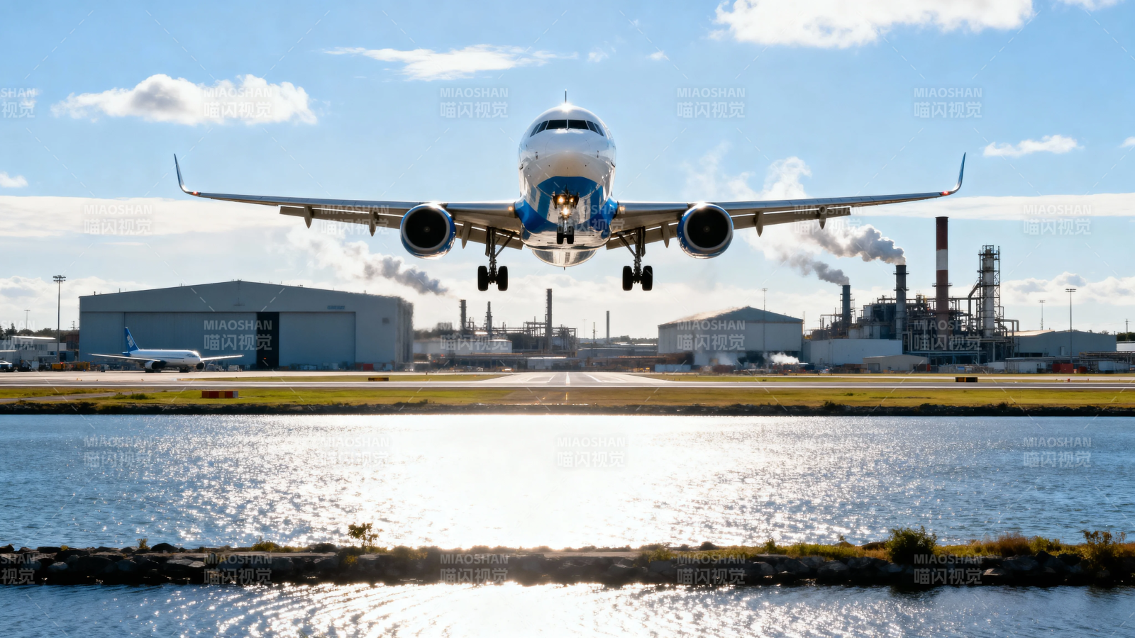 飞机降落 水光映天图片