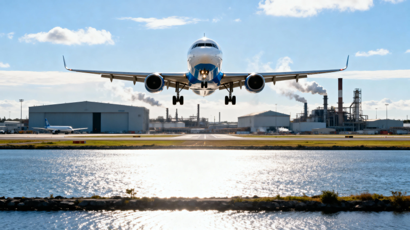 飞机降落 水光映天图片
