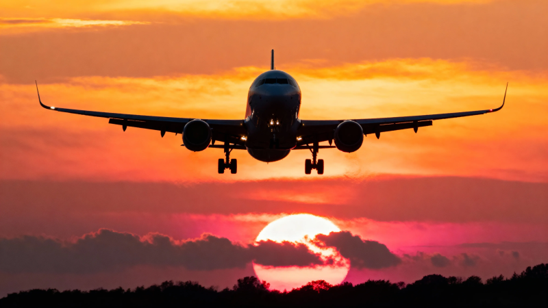 夕阳下飞机降落剪影图片