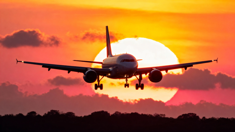 夕阳下的飞机剪影图片