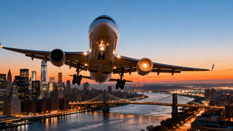 飞机夜降城市上空图片