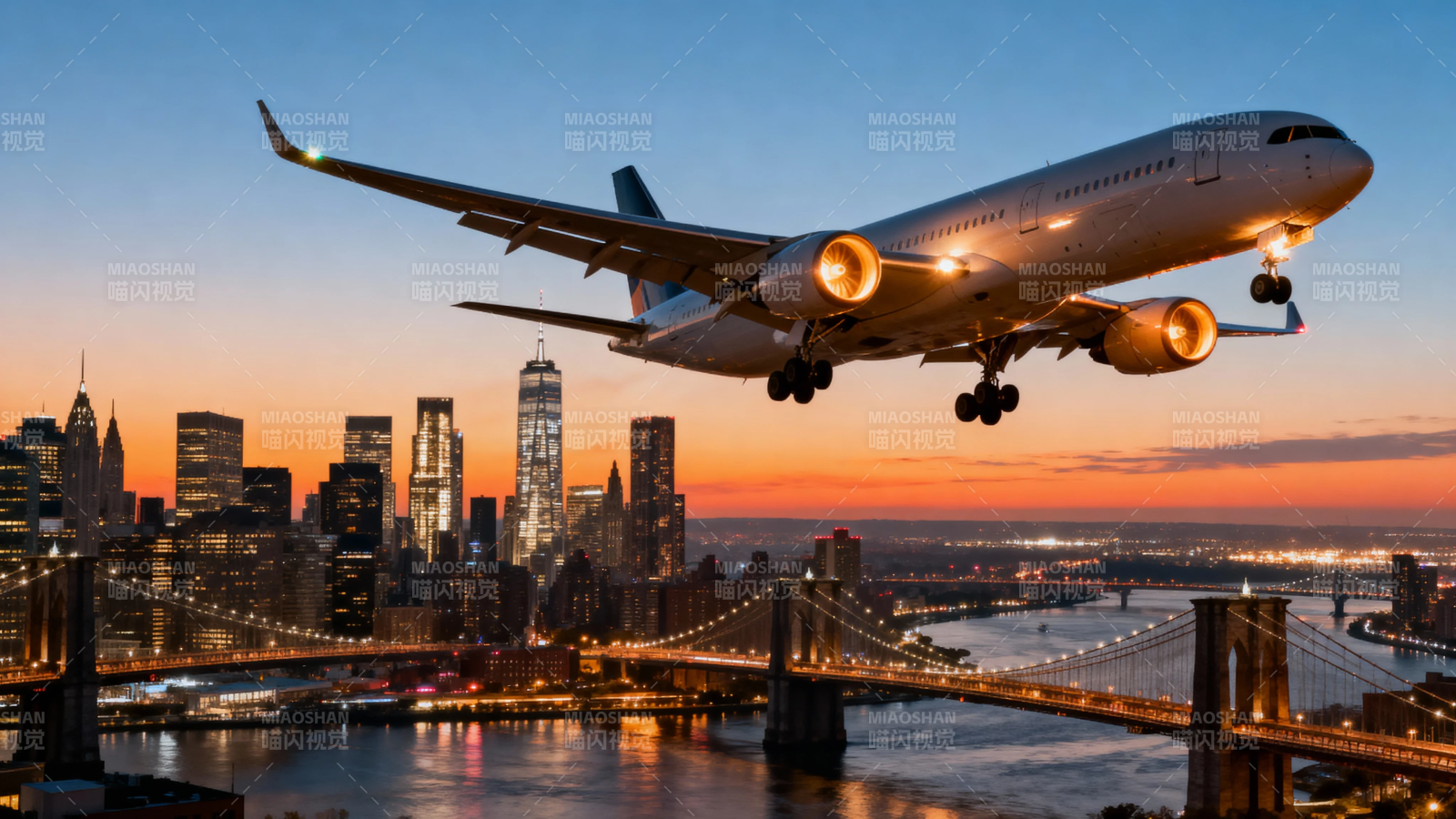 飞机夜降纽约城图片