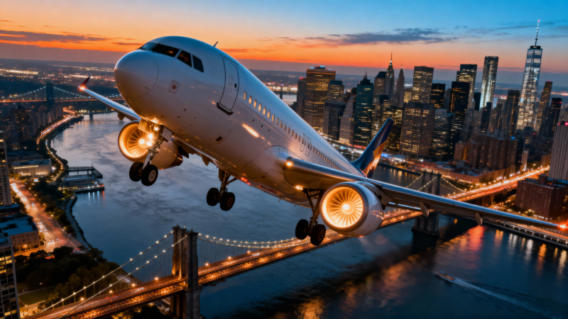 飞机夜航纽约城图片