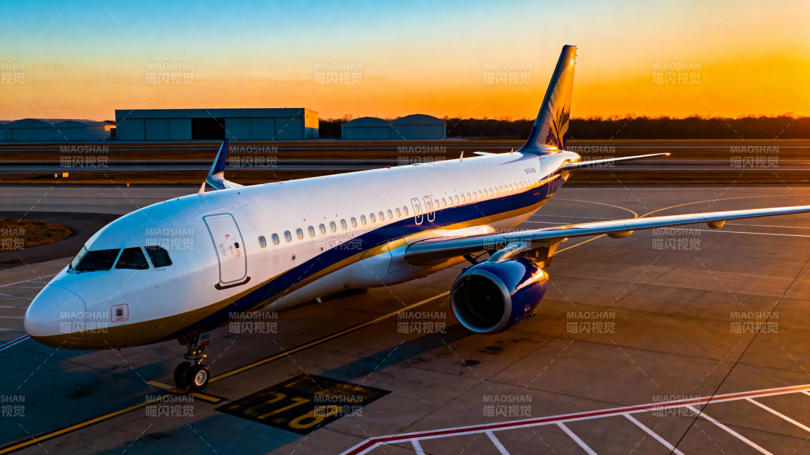 夕阳下的客机静候起飞图片