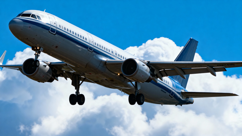 飞机降落蓝天白云间图片