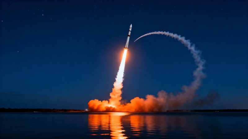 火箭夜升空 火光映水面图片