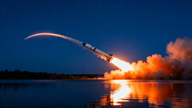 火箭夜升 火光映水天图片