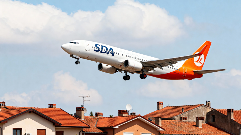 SDA飞机低空飞过红瓦屋顶图片