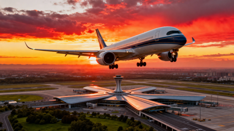 夕阳下飞机降落机场图片