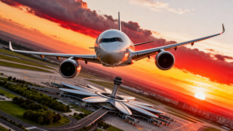 夕阳下飞机起飞瞬间图片
