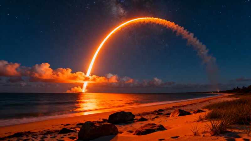 夜空火弧映海 星轨如虹图片