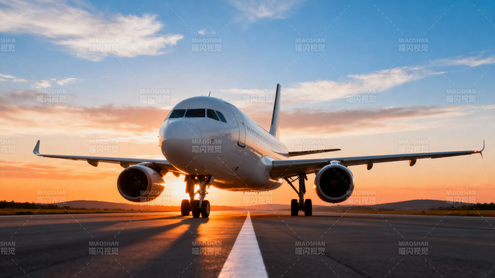 夕阳下的飞机跑道启程图片
