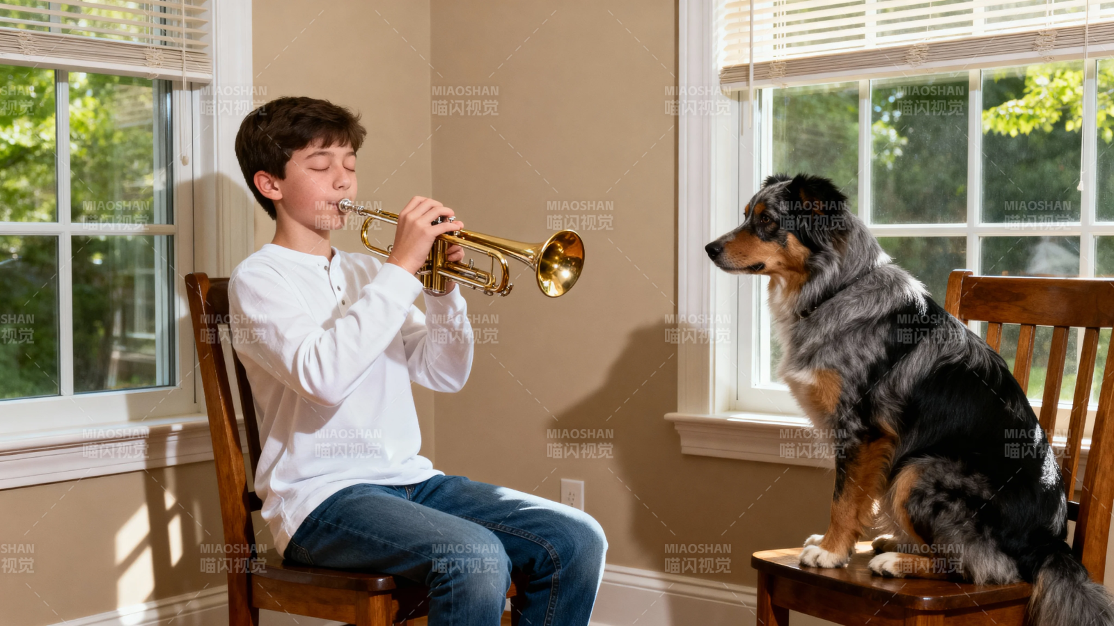 少年吹号 狗狗静听图片