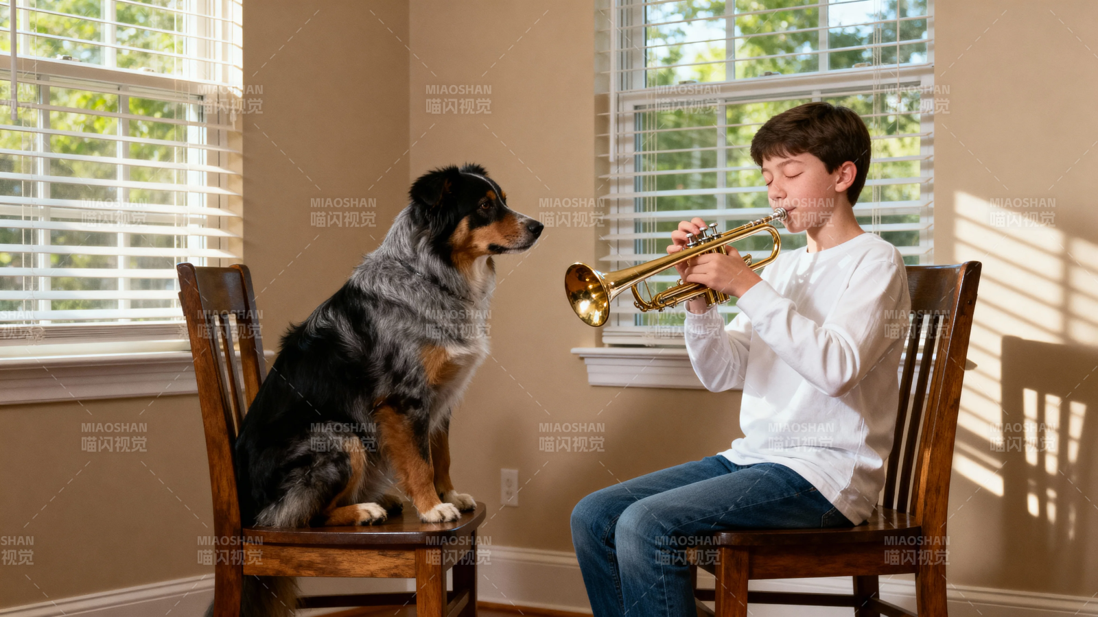 少年吹号 狗狗静听图片