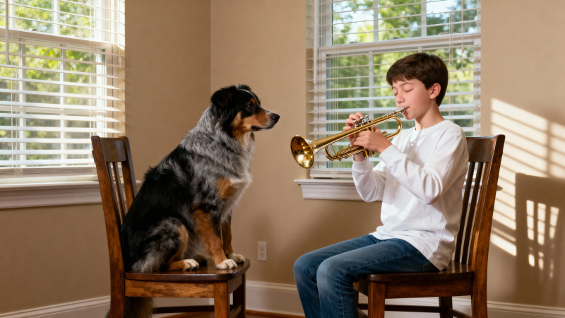 少年吹号 狗狗静听图片