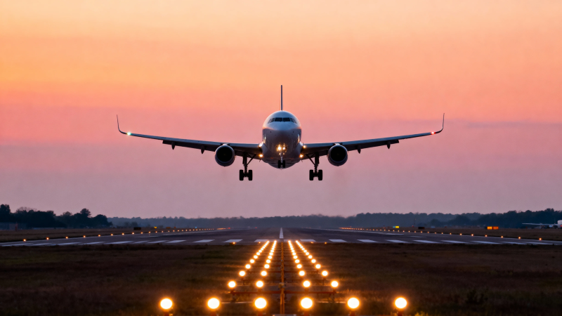 夕阳下飞机降落跑道图片