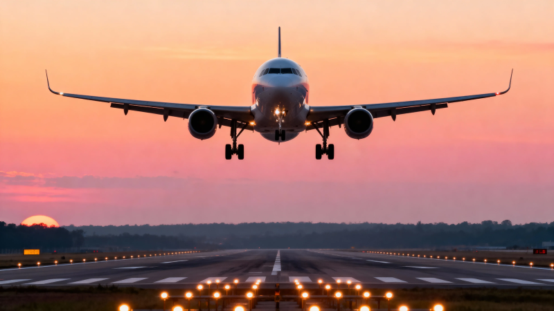 夕阳下飞机降落跑道图片