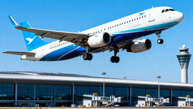 客机起飞 蓝天映衬机场塔台图片