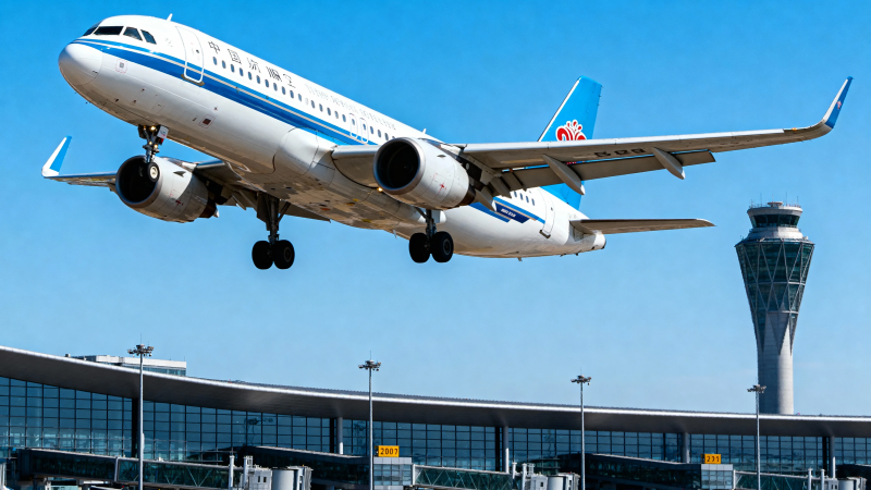 客机起飞 塔台守望蓝天图片