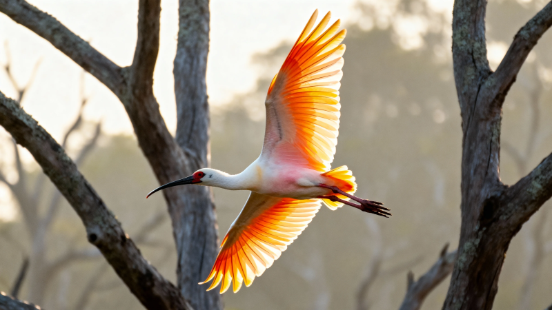 朱鹮展翅飞越枯枝间图片