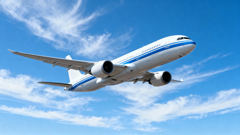 蓝天白云下的客机飞行图片
