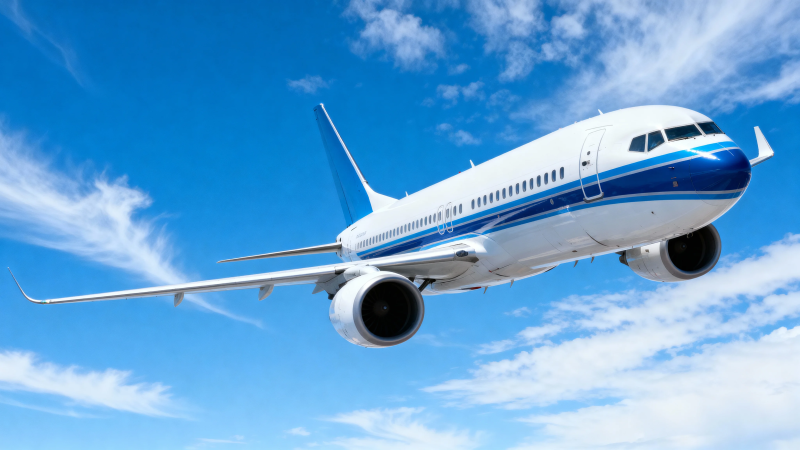 蓝天白云下的客机飞行图片