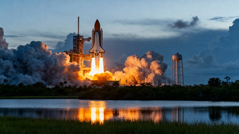 航天飞机发射 火光映水天图片