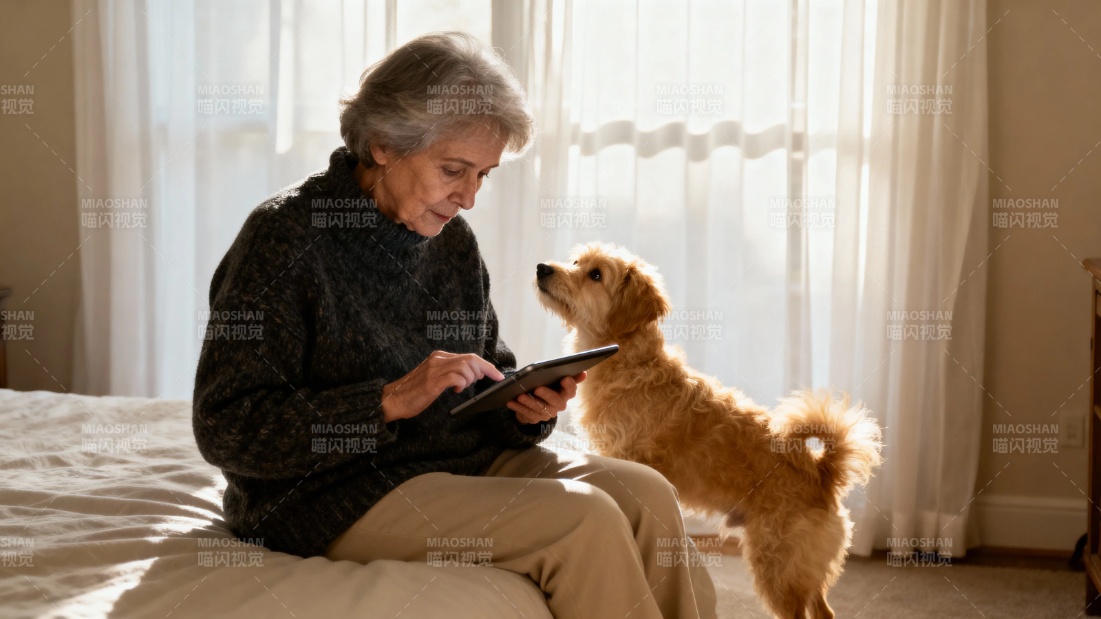 老人与狗共读平板时光图片