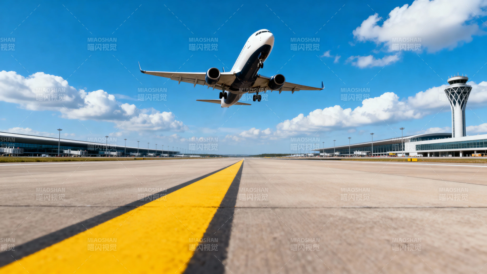飞机起飞 蓝天跑道景图片
