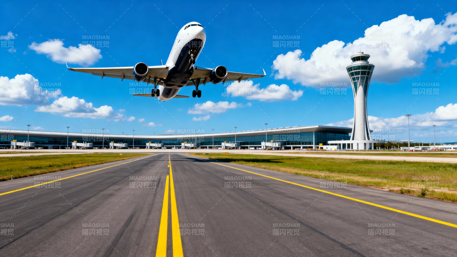 飞机起飞 机场塔台矗立图片