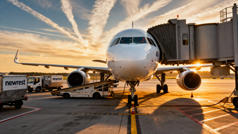 夕阳下的客机停靠登机桥图片