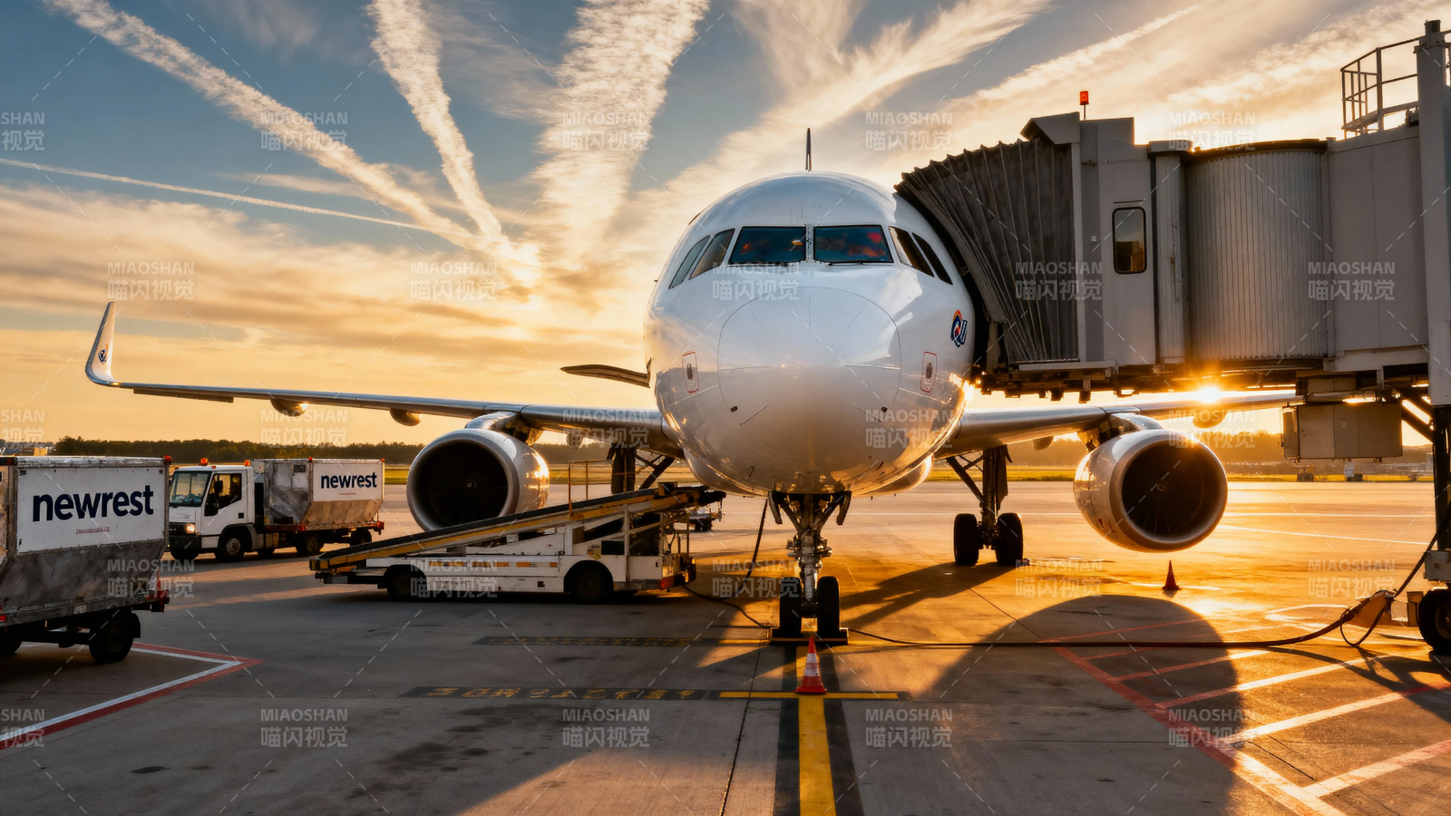 夕阳下的客机停靠登机桥图片