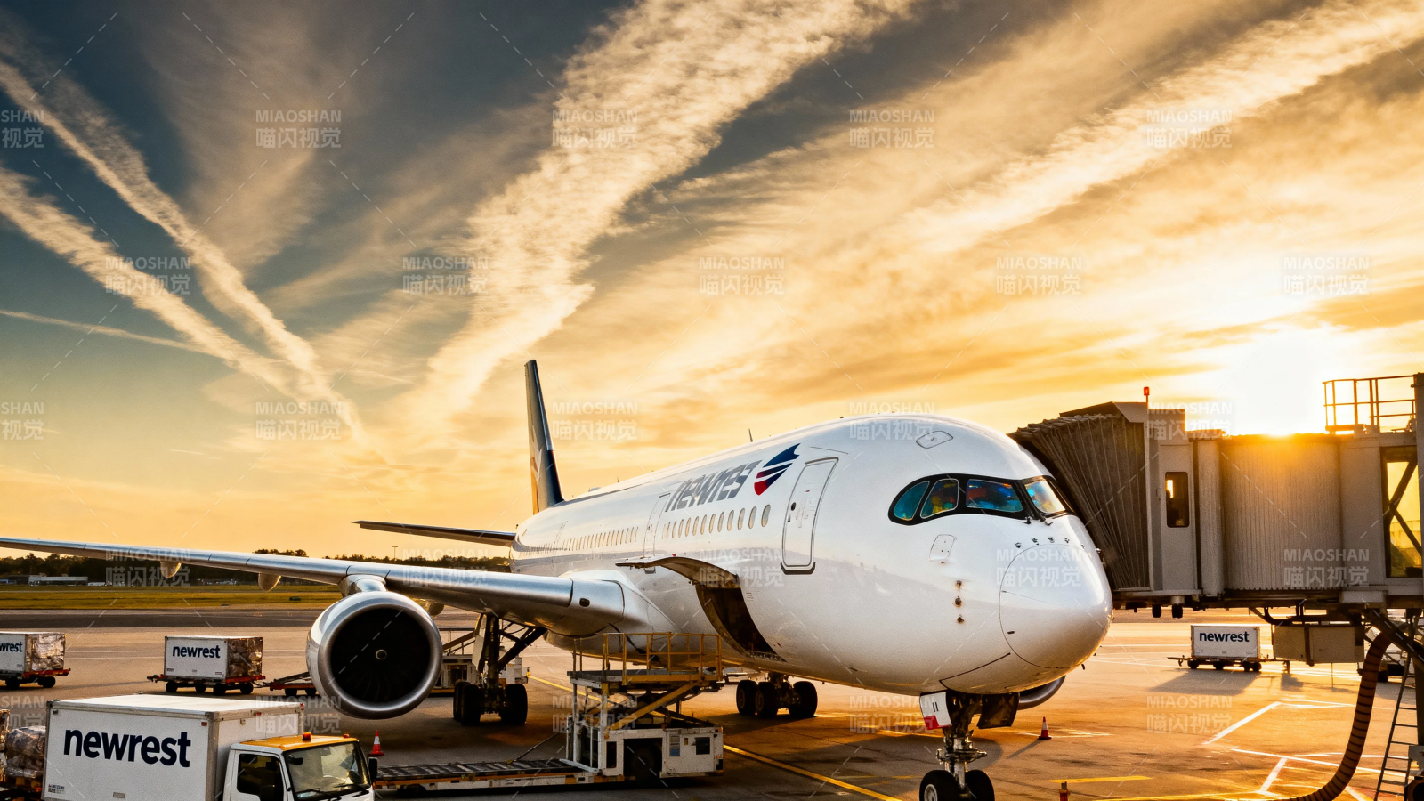 夕阳下的客机停机坪图片