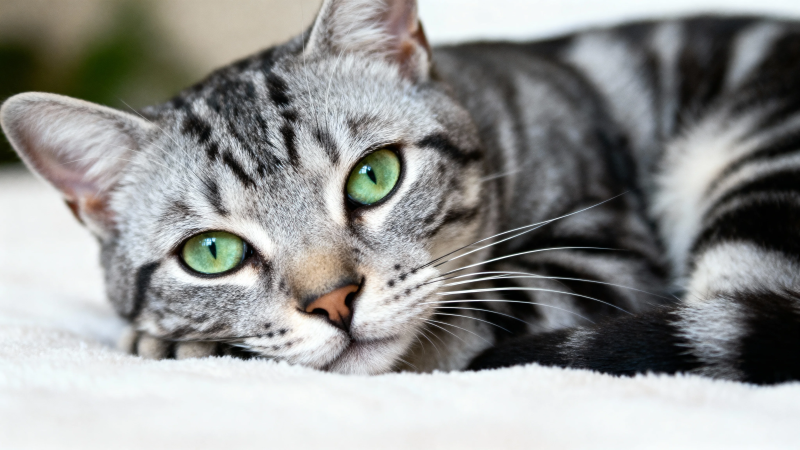 绿眼银虎斑猫慵懒躺卧图片