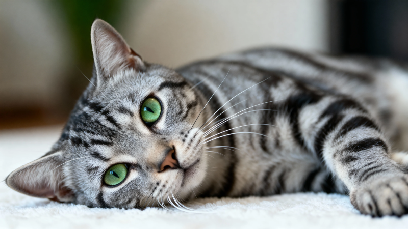 绿眼银虎斑猫慵懒躺卧图片