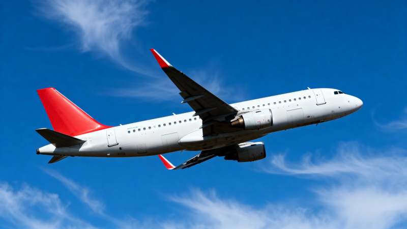红尾客机蓝天翱翔图片
