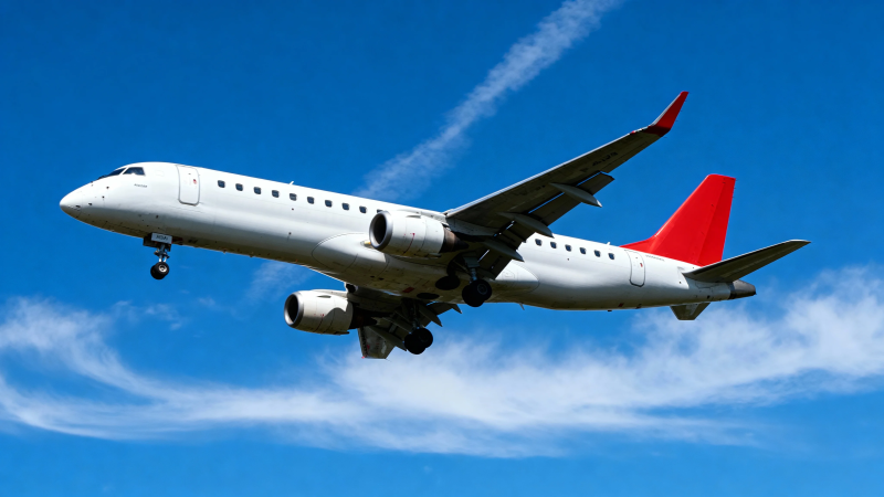 红尾客机蓝天翱翔图片