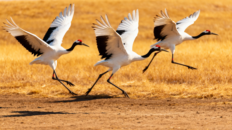丹顶鹤展翅奔跑于金野图片