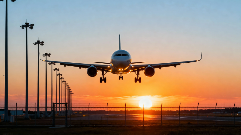 夕阳下飞机降落瞬间图片