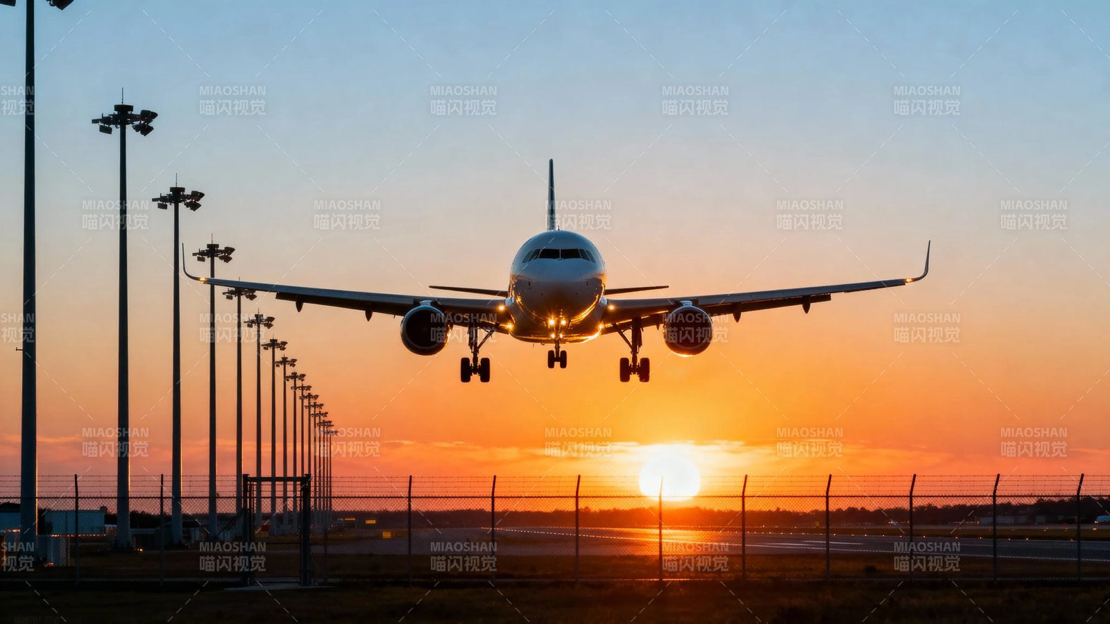 夕阳下飞机降落瞬间图片